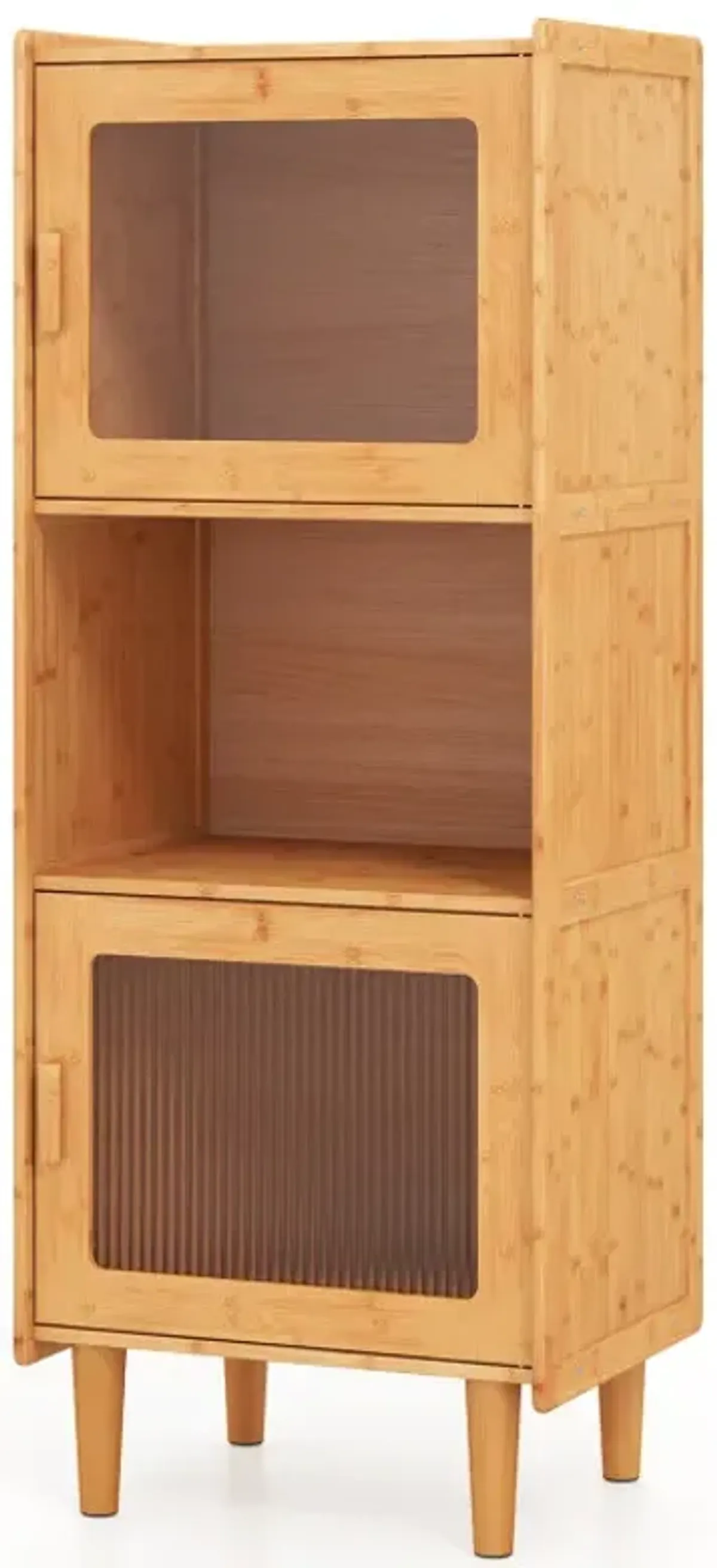 3-Cube Bamboo Storage Cabinet with Open Compartment and 2 Acrylic Doors