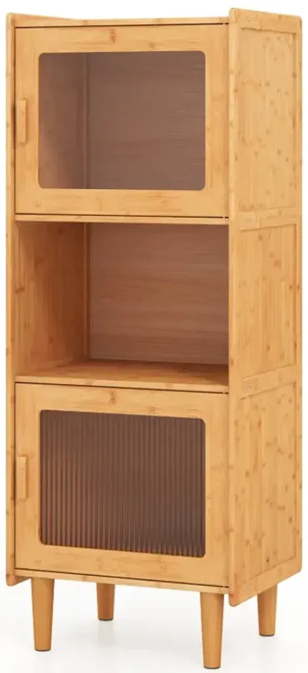 3-Cube Bamboo Storage Cabinet with Open Compartment and 2 Acrylic Doors
