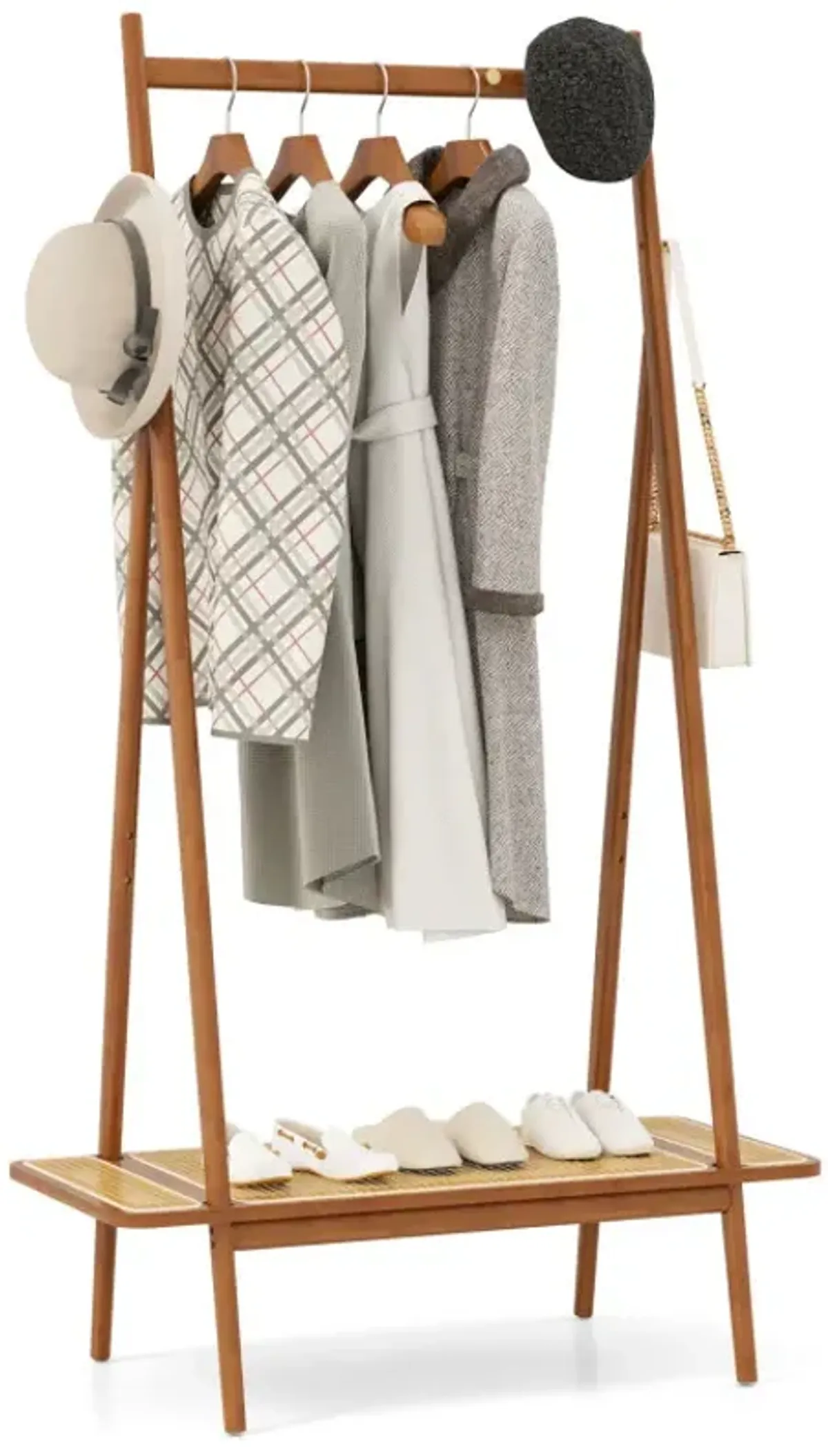 Bamboo Clothes Rack with Hanging Rod Rattan Shelf and Copper Hooks