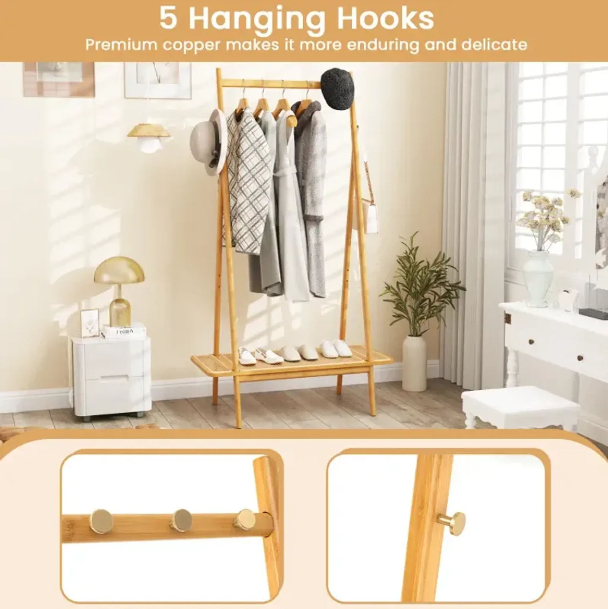 Bamboo Clothes Rack with Hanging Rod Rattan Shelf and Copper Hooks ...