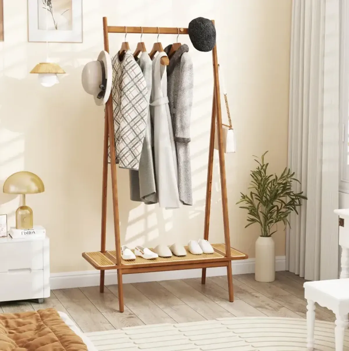 Bamboo Clothes Rack with Hanging Rod Rattan Shelf and Copper Hooks