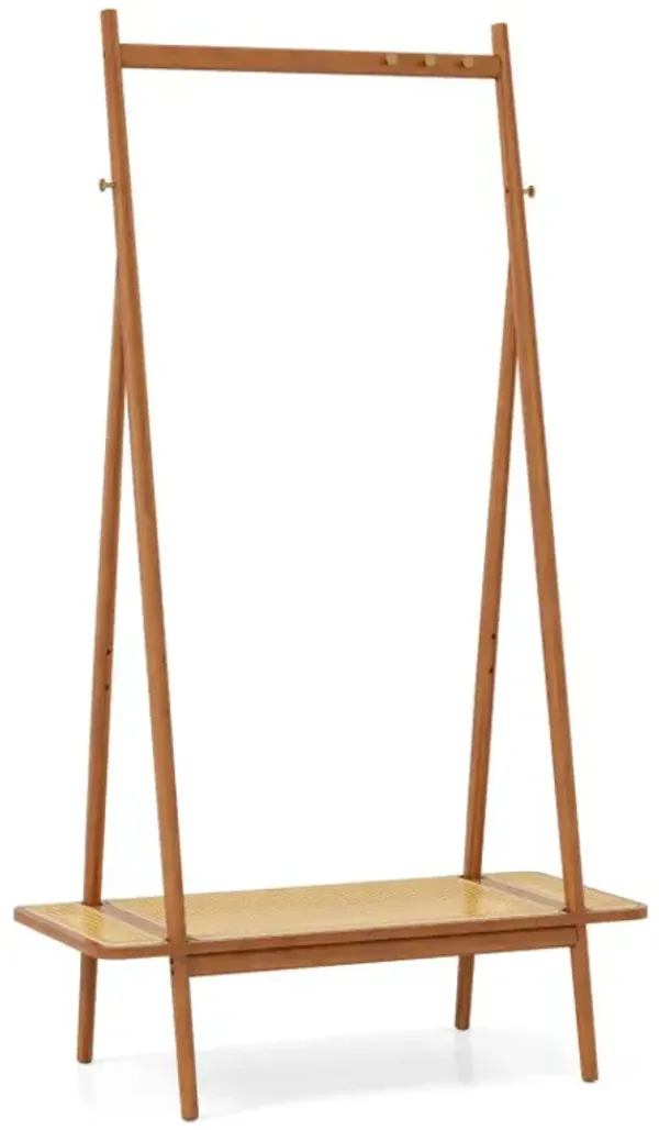 Bamboo Clothes Rack with Hanging Rod Rattan Shelf and Copper Hooks
