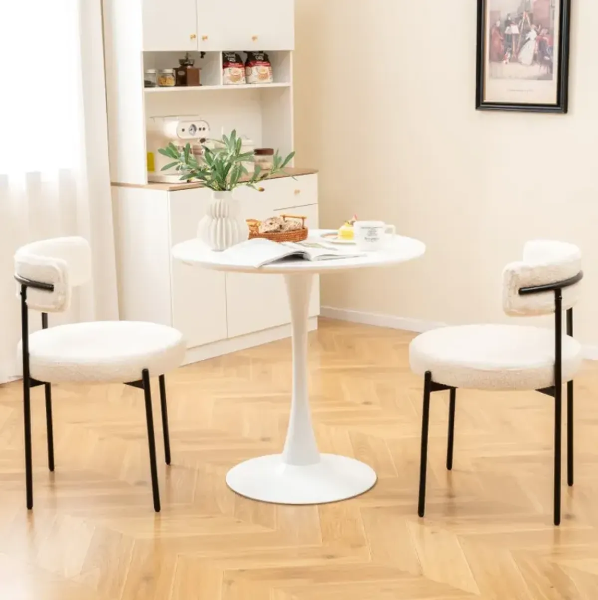 Boucle Dining Chair with Curved Backrest and Metal Legs Set of 2