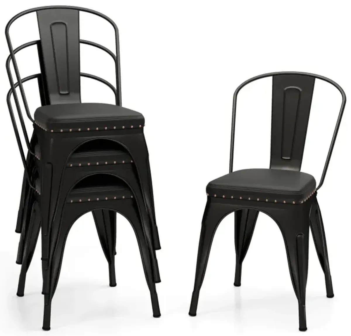 Metal Dining Chair Set of 4 Stackable Kitchen Chairs with Removable Backs and PU Leather Cushioned Seat