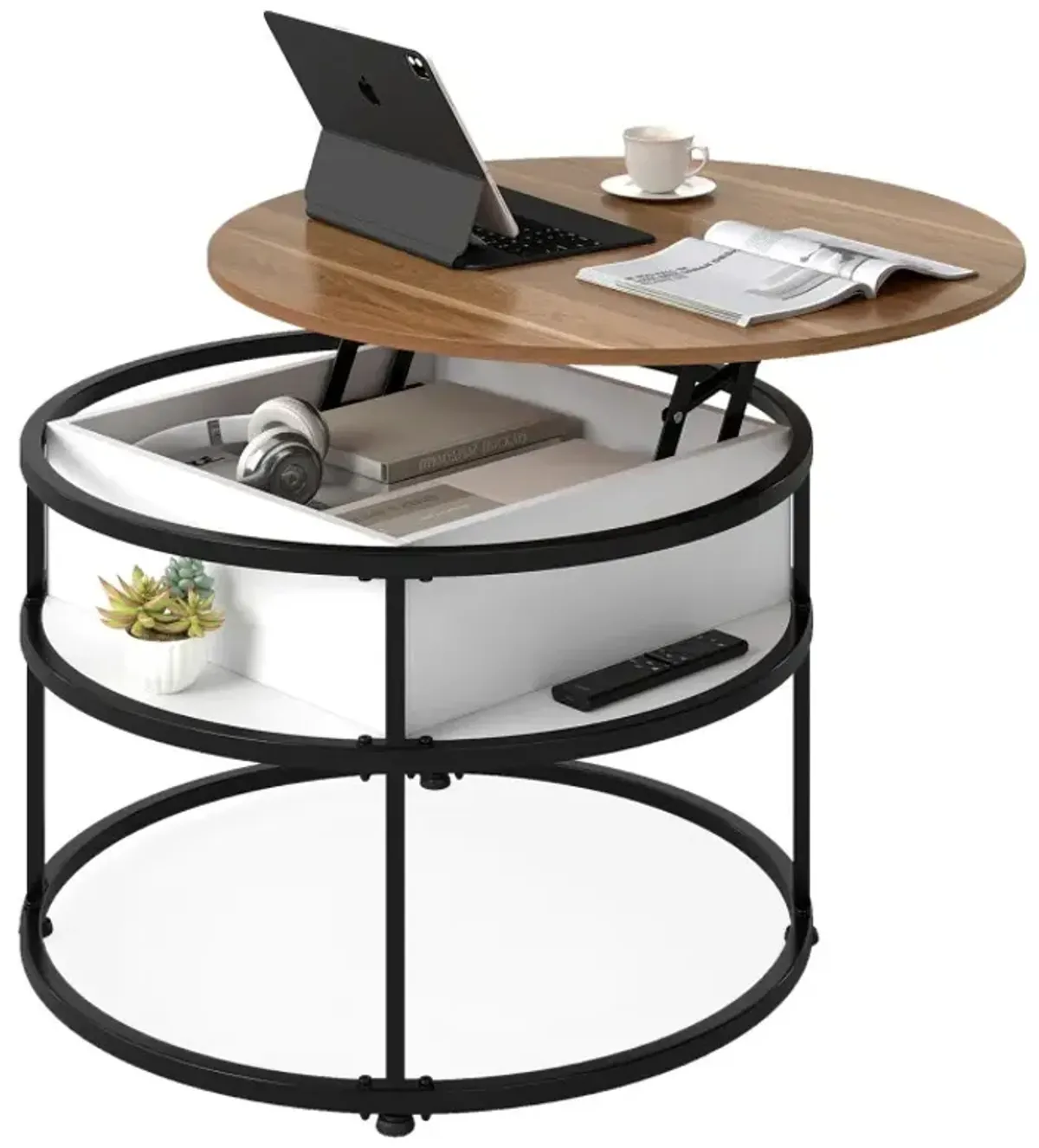 31.5 Inch Round Lift Top Coffee Table with Hidden Compartment and Side Shelves