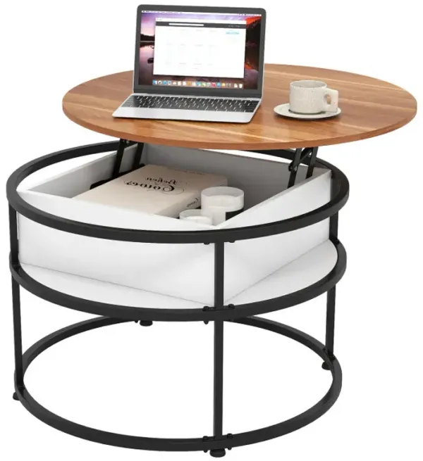 31.5 Inch Round Lift Top Coffee Table with Hidden Compartment and Side Shelves