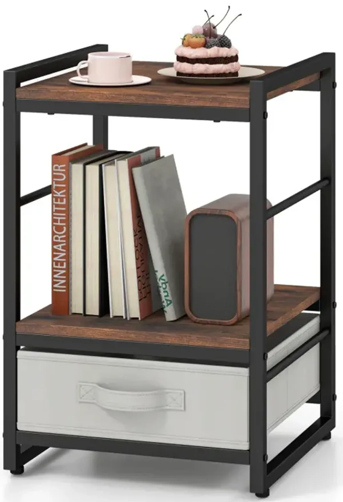 Nightstand Industrial Bedside Table with Open Storage Shelf and Fabric Drawer