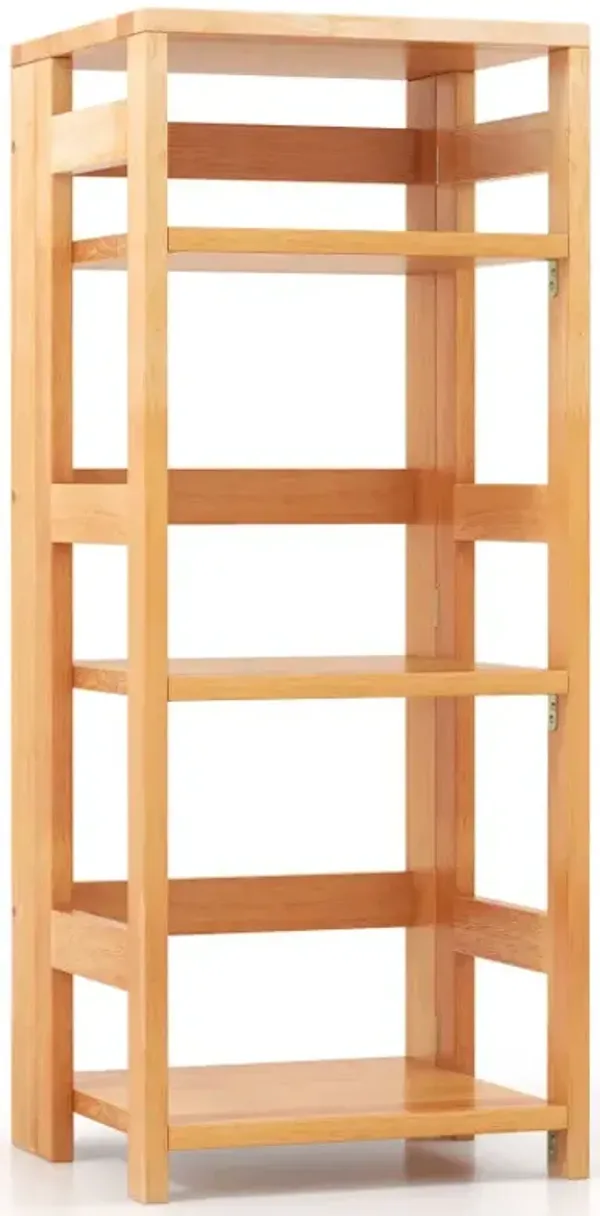 4-Tier Bookshelf Rubber Wood Bookcase with Side Fences for Living Room