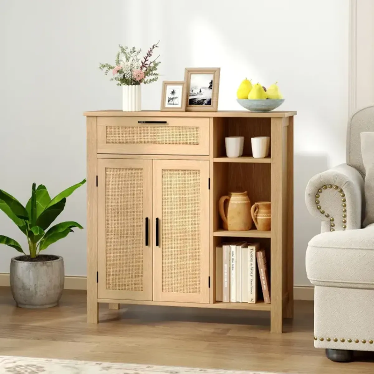 Boho Buffet Sideboard Storage Cabinet with Drawer and Rattan Woven Doors