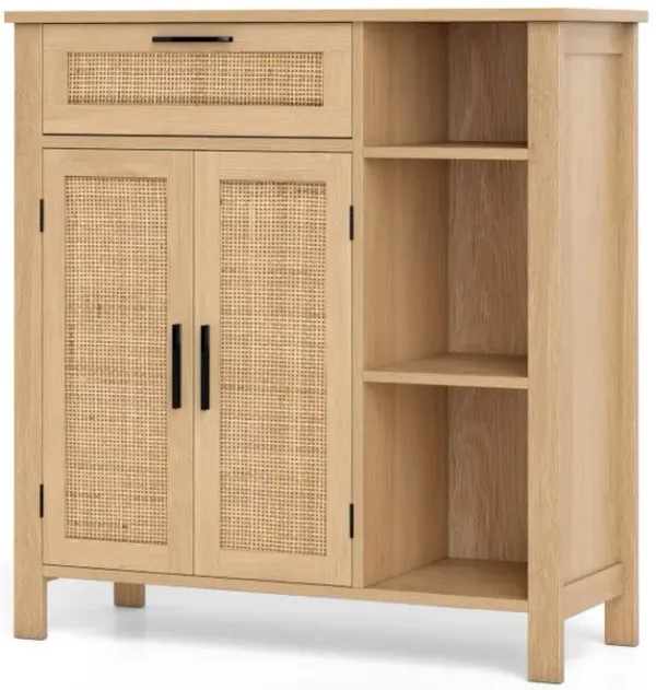 Boho Buffet Sideboard Storage Cabinet with Drawer and Rattan Woven Doors