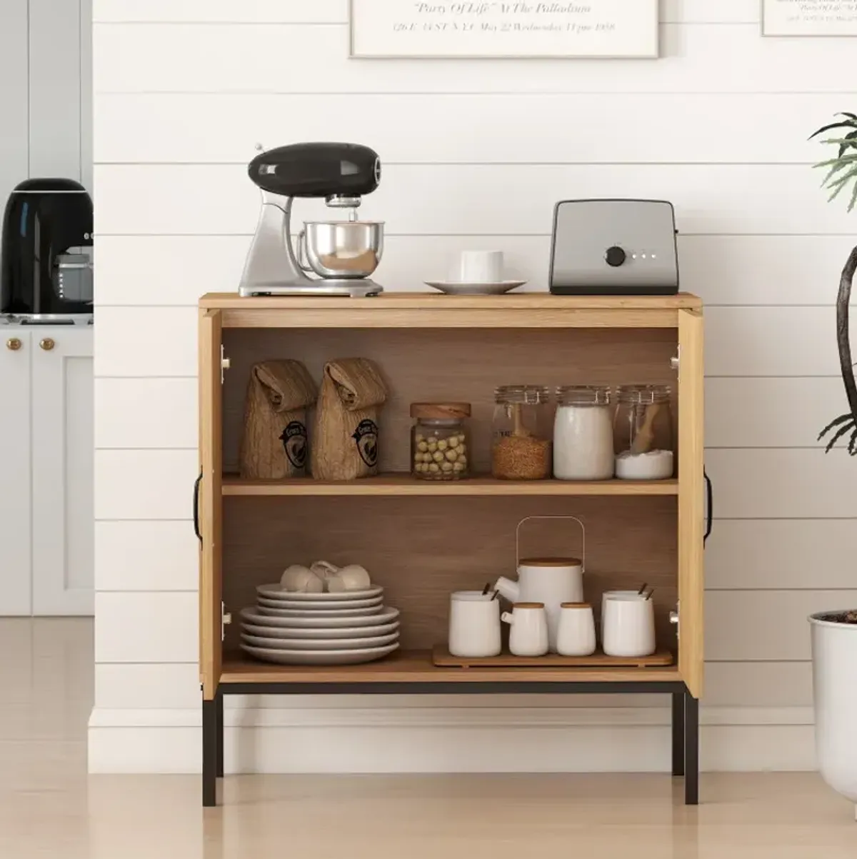 Boho Storage Cabinet with Asymmetrical Pattern Doors for Kitchen