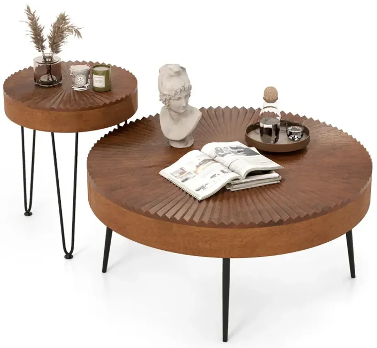 Set of 2 Boho Round Coffee Table with Solid Pine Wood Top and Metal Legs