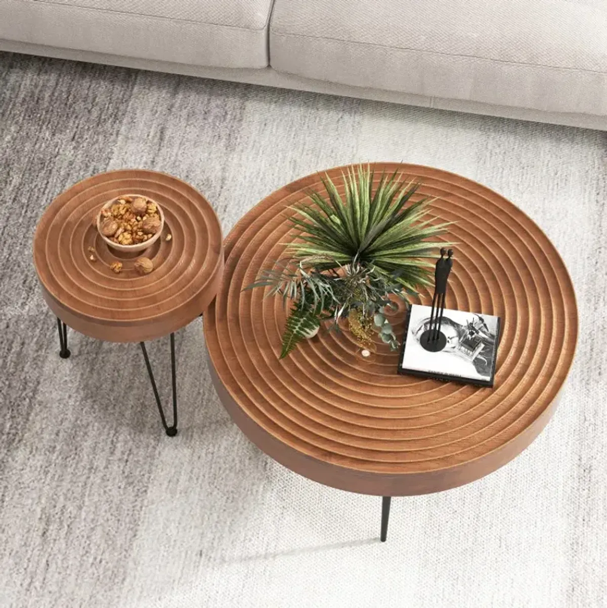Set of 2 Solid Wood Ring Pattern Farmhouse Round Coffee Tables