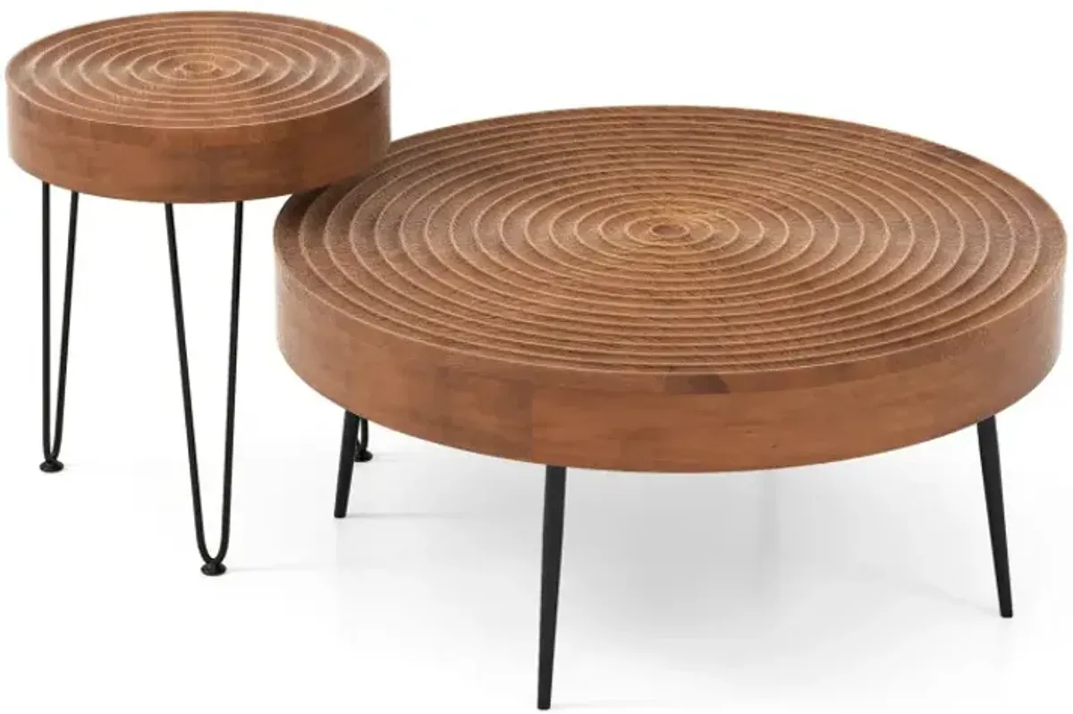 Set of 2 Solid Wood Ring Pattern Farmhouse Round Coffee Tables