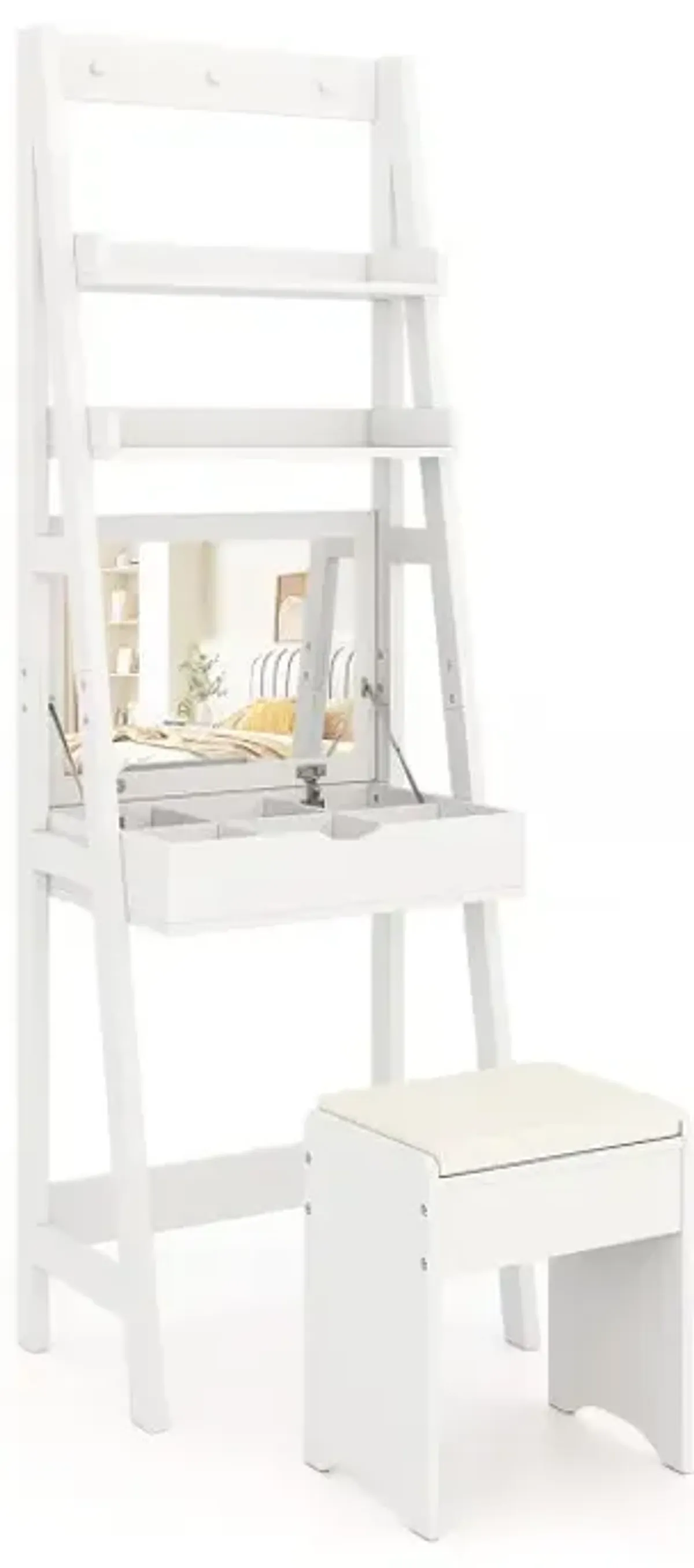 Vanity Desk Set with Flip Top Mirror, Hidden Storage Compartments and Cushioned Stool