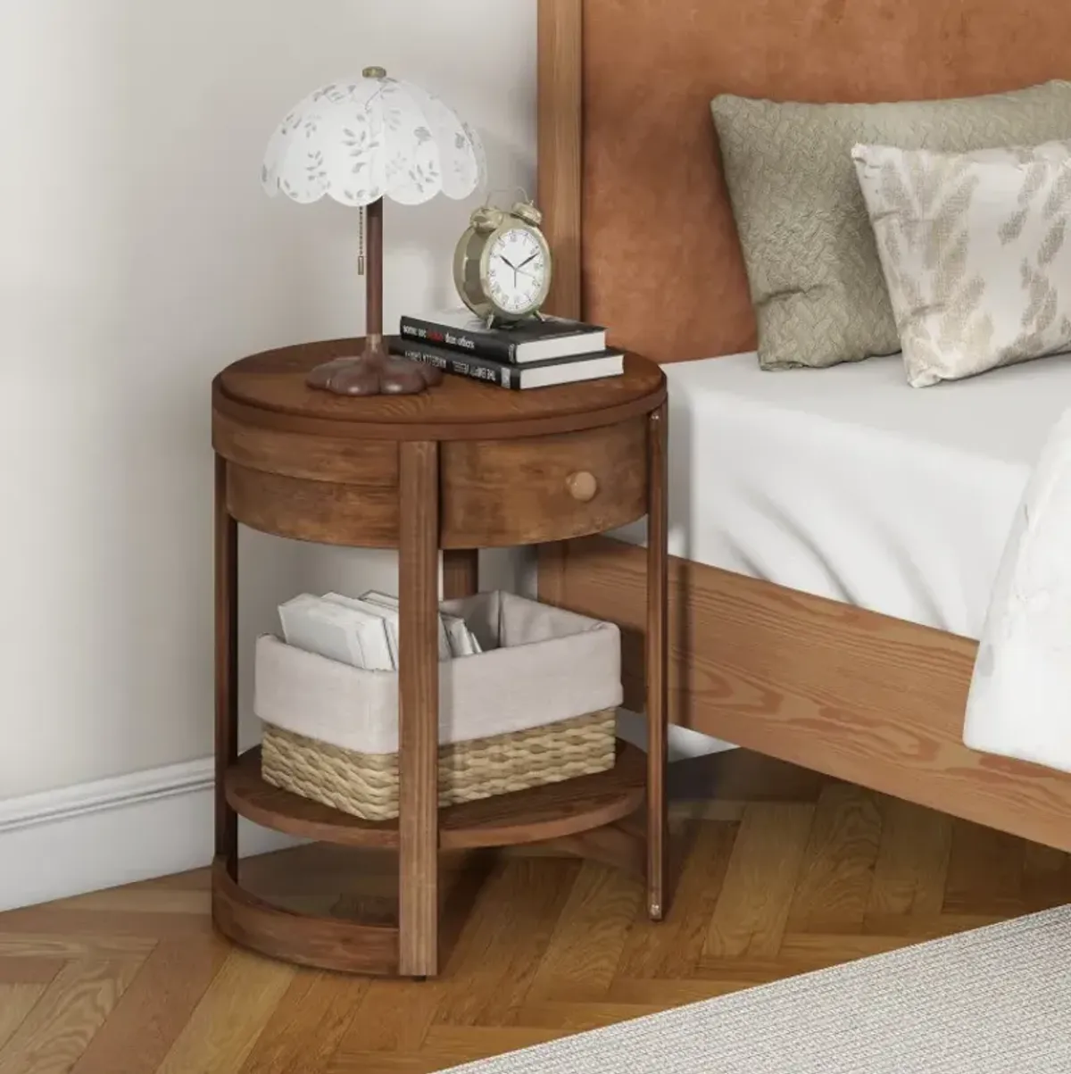 2-Tier Round End Table Mid Century Modern Nightstand