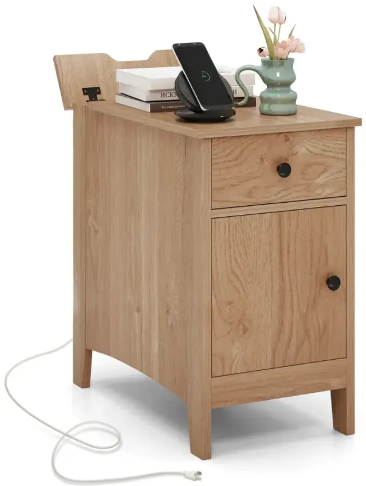 Flip Top End Table with Charging Station USB Ports Outlets and Drawer