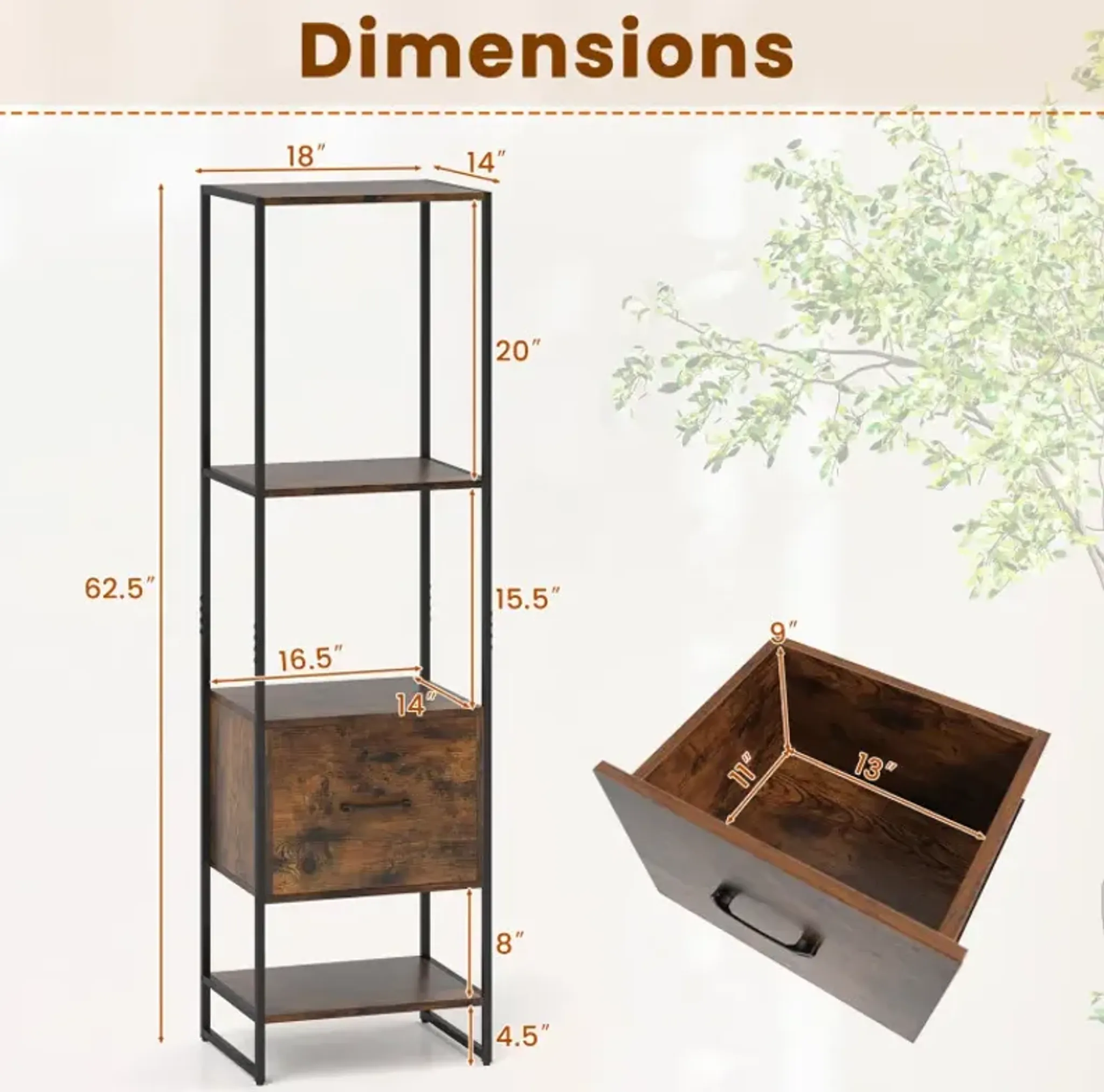 5-Tier Narrow Bookcase with 4 Open Shelves and Storage Drawer