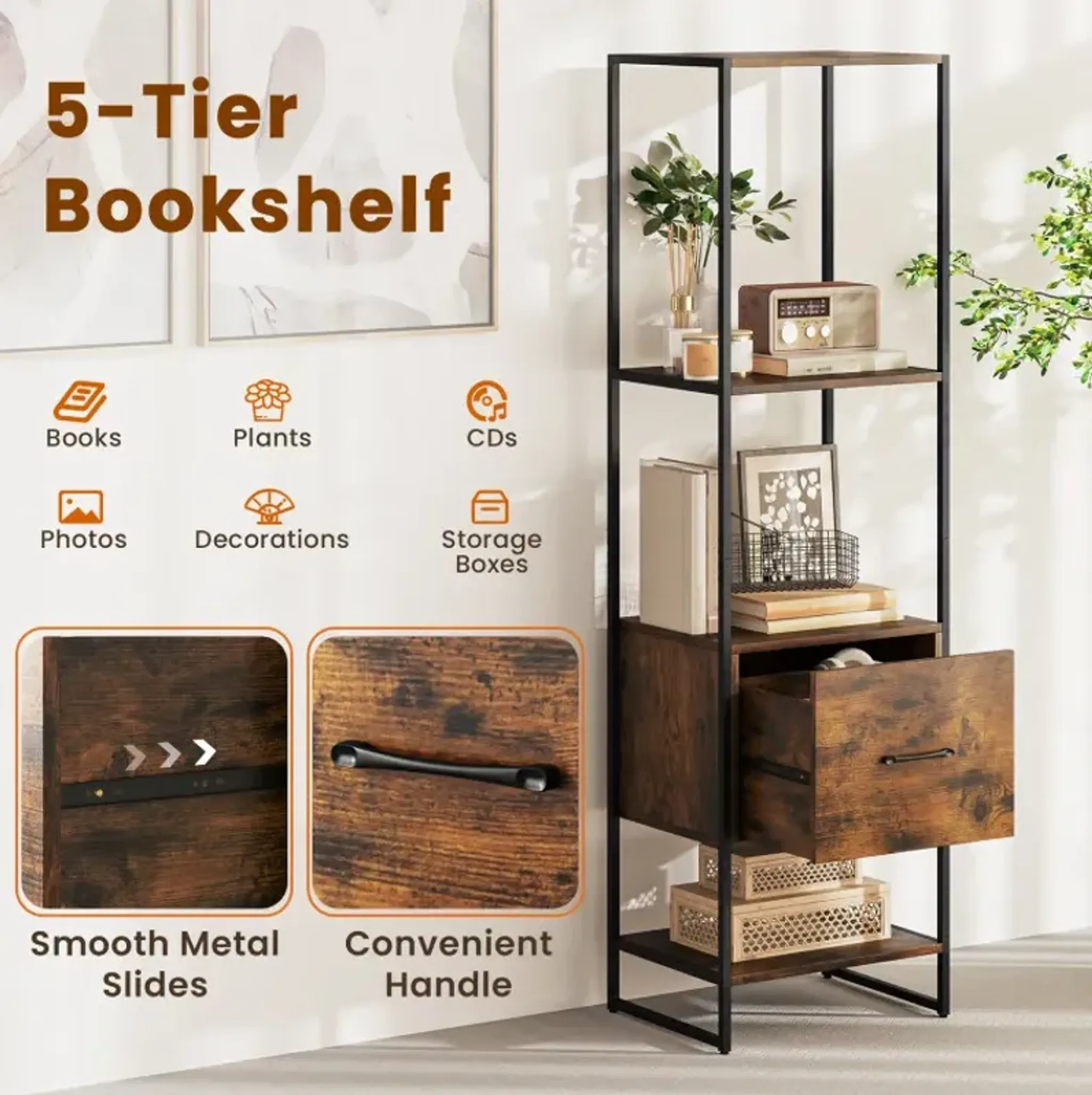 5-Tier Narrow Bookcase with 4 Open Shelves and Storage Drawer