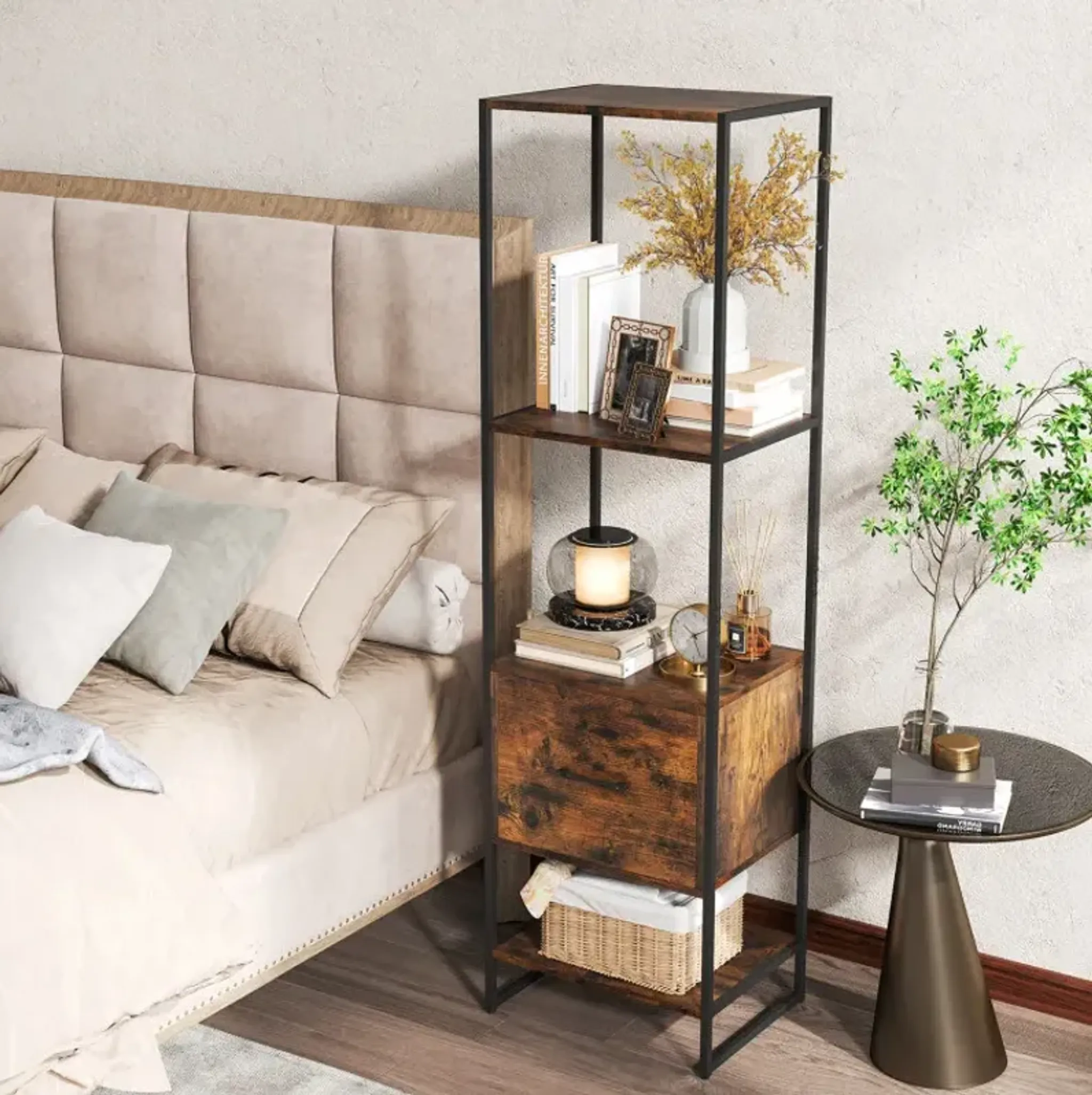 YNWAブック 5-Tier Narrow Bookcase with 4 Open Shelves and Storage Drawer