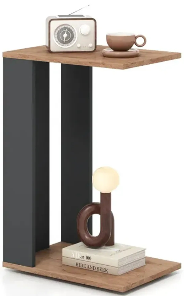 2-Tier C-Shaped Side Table with Universal Wheels and Shelf