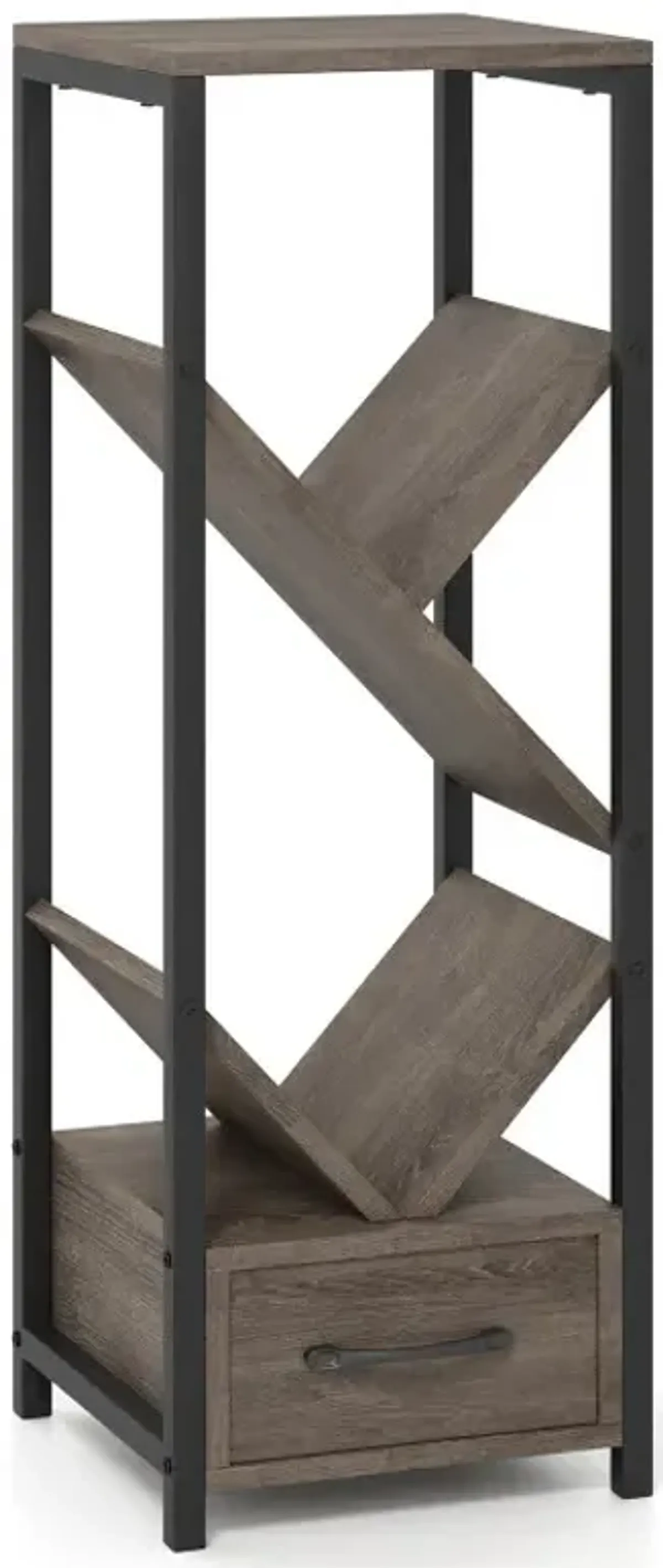 4 Tier Floor Tree Bookshelf with Drawer and Metal Frame