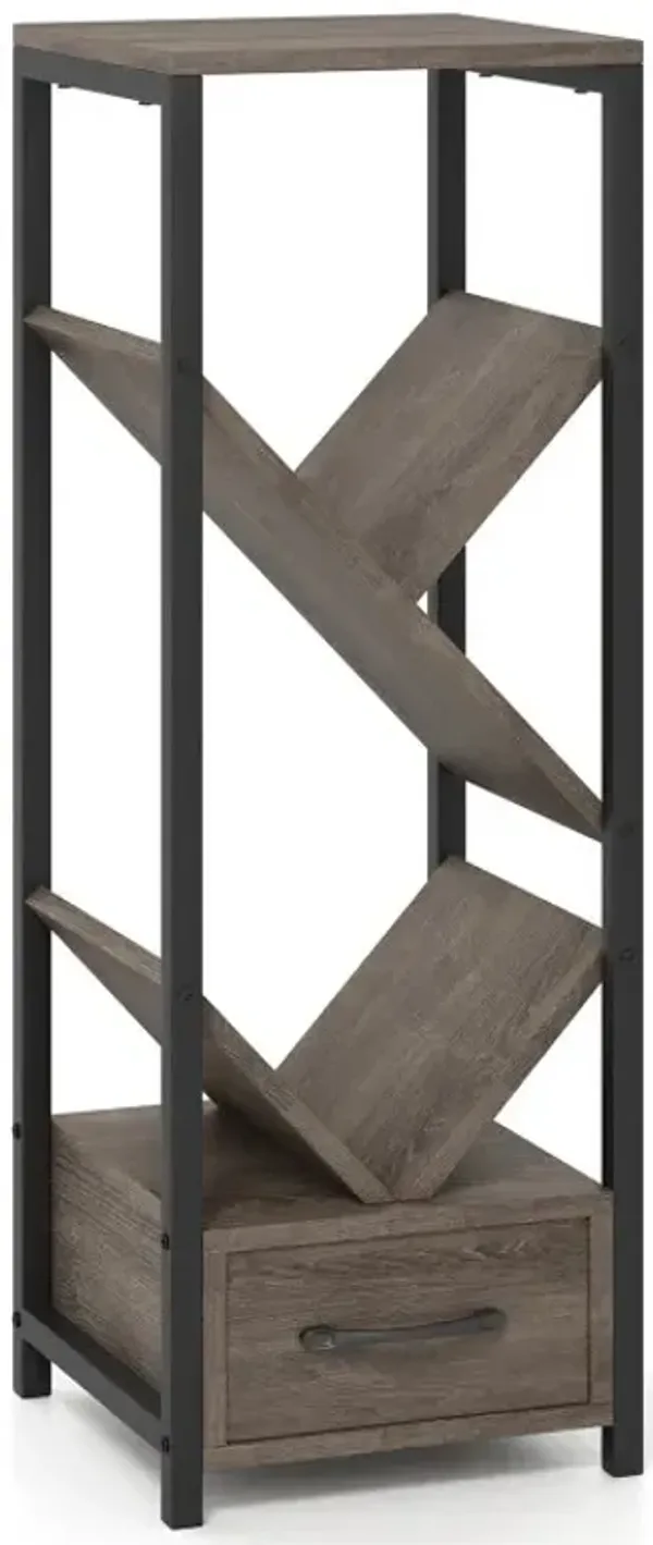 4 Tier Floor Tree Bookshelf with Drawer and Metal Frame