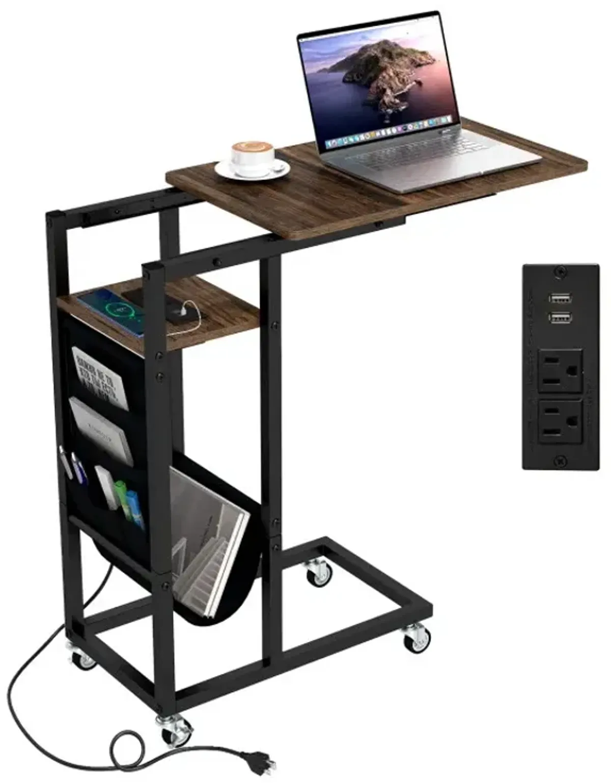 C-shaped End Table with Charging Station and Retractable Tabletop