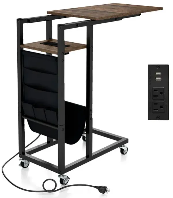 C-shaped End Table with Charging Station and Retractable Tabletop