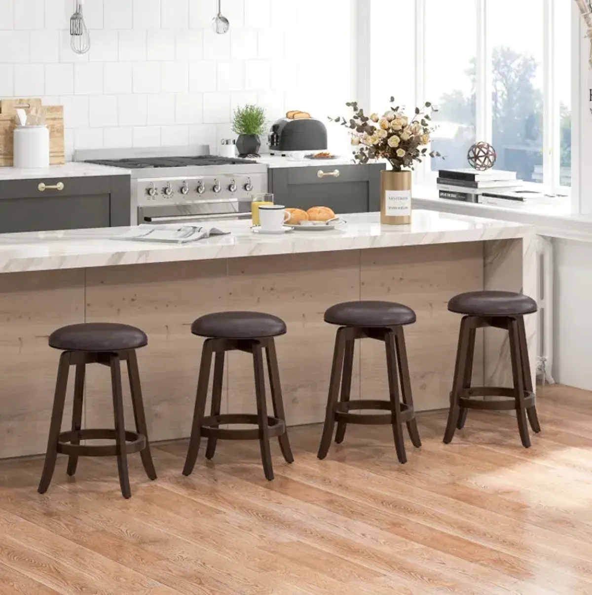 Set of 2 24/29 Inch Upholstered PU Leather Bar Stool with 360° Swivel Round Seat