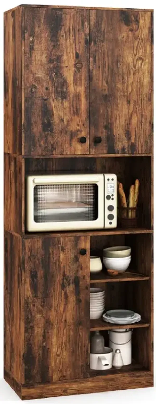 Kitchen Pantry Storage Cabinet with Microwave Stand and Open Shelves