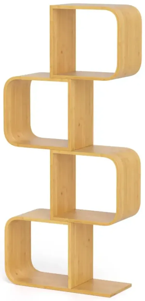 4-Tier S-Shaped Bamboo Bookcase with 4 Open Cubes for Living Room