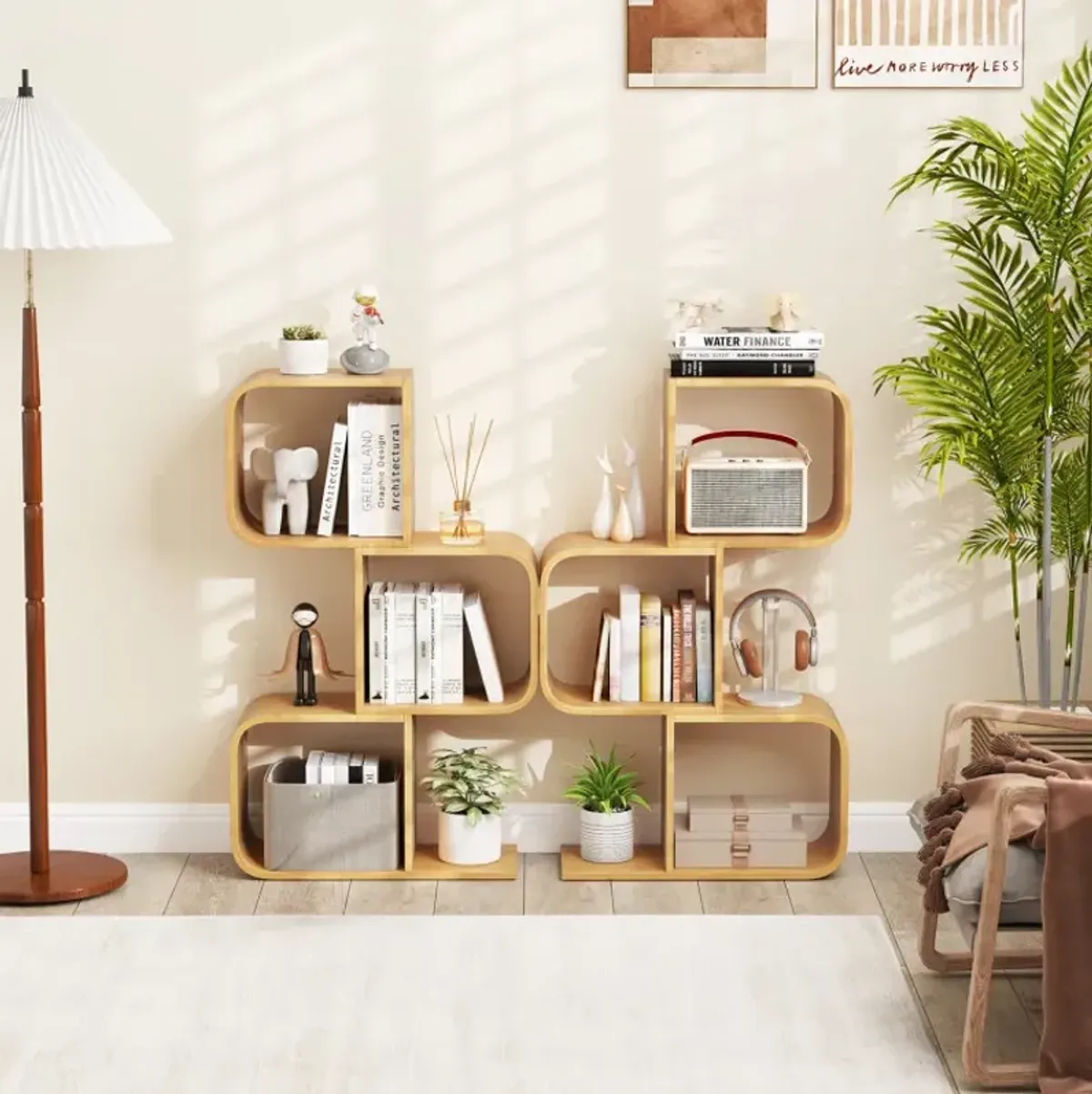 3-Tier S-Shaped Bookcase with 3 Open Cubes for Living Room