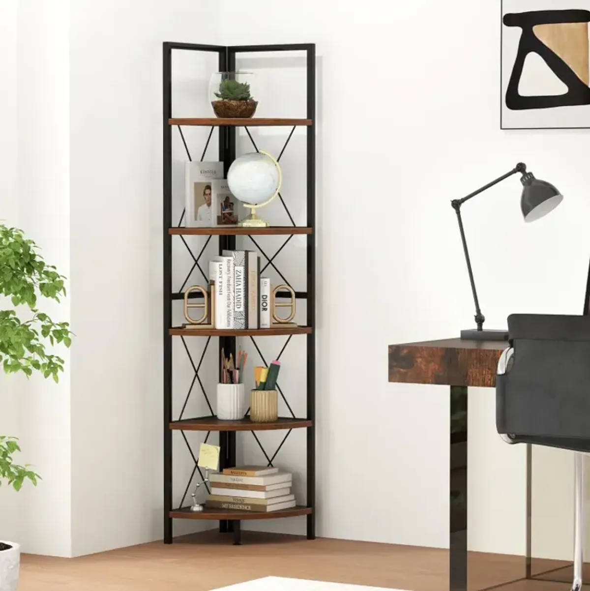 5-Tier Freestanding Corner Shelf 63 Inch Tall Storage Rack