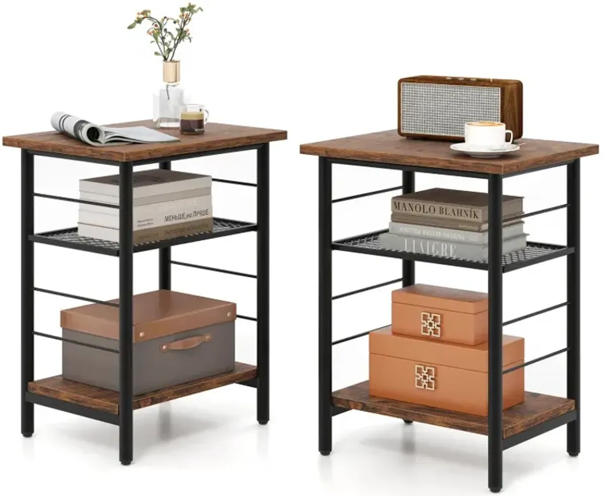 3-Tier End Table Set of 2 Side Table with Storage Shelves Metal Frame