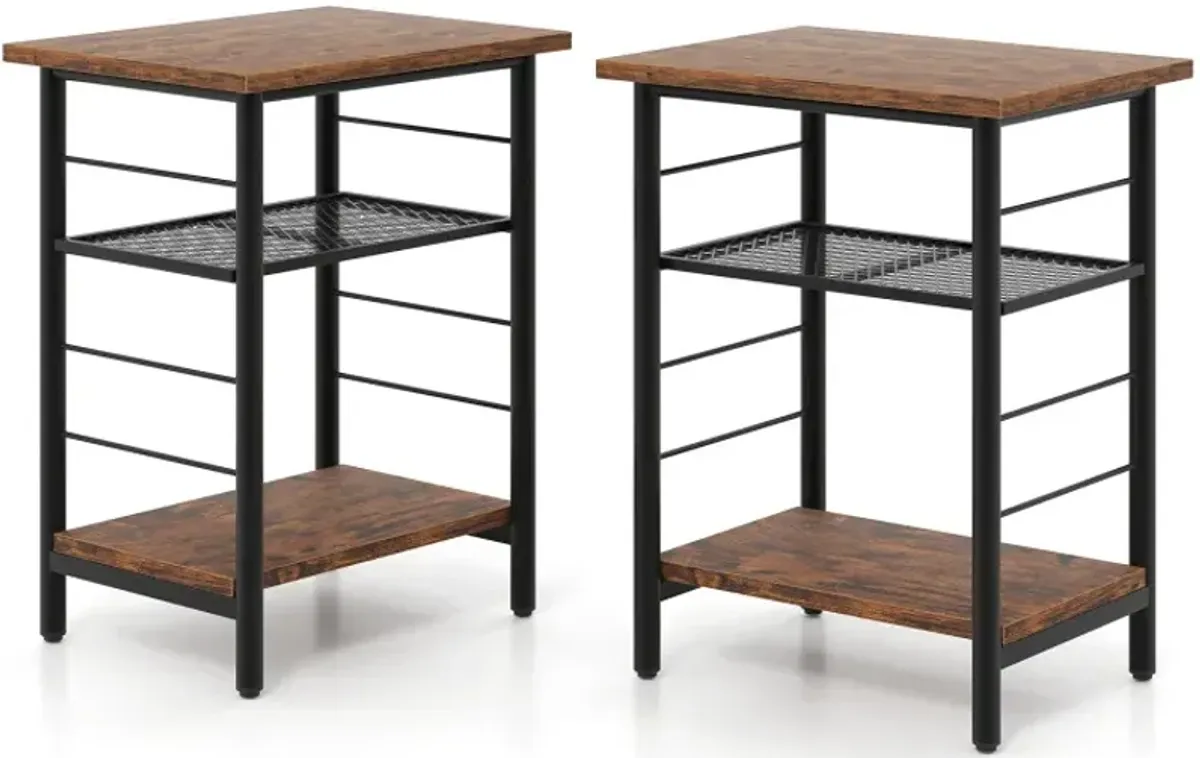 3-Tier End Table Set of 2 Side Table with Storage Shelves Metal Frame