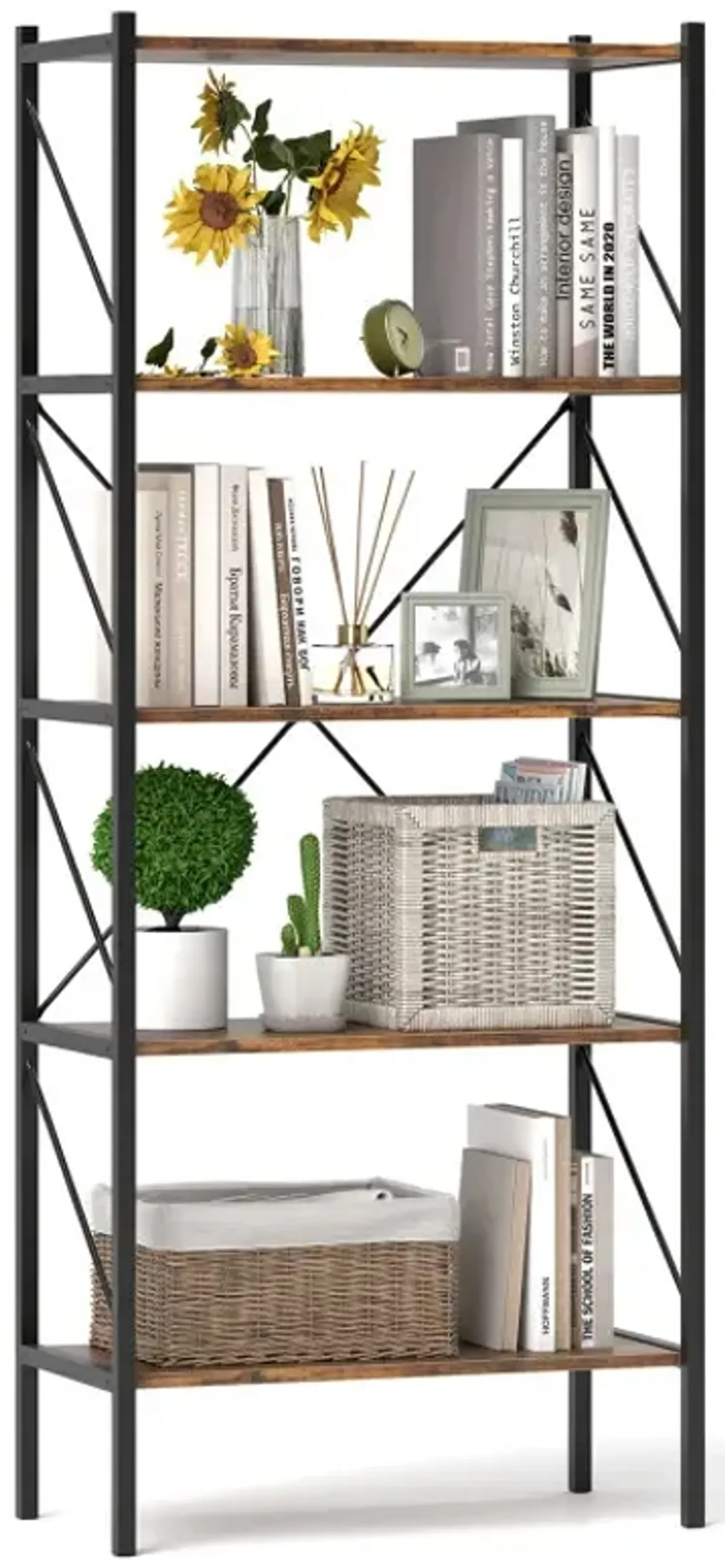 5-Tier Bookshelf with Open Shelves and Heavy Duty Metal Frame