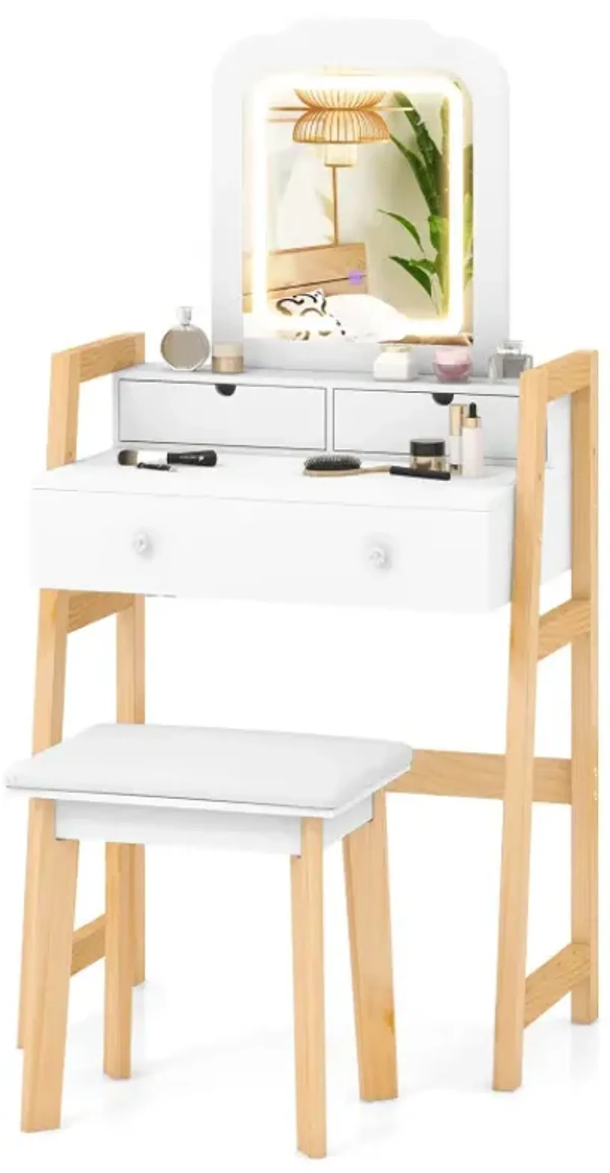 Adjustable Height Vanity Desk Set with 3-Color LED Lighted Mirror and Drawers