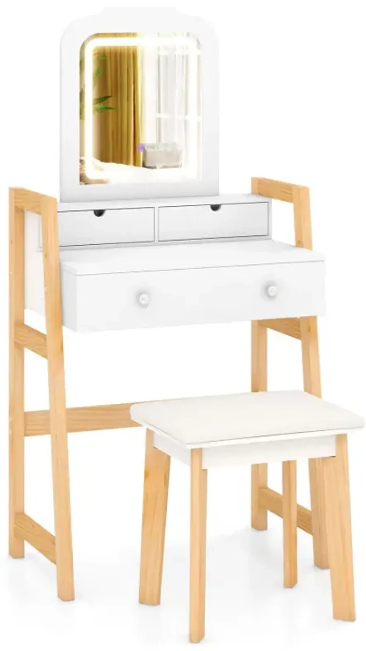 Adjustable Height Vanity Desk Set with 3-Color LED Lighted Mirror and Drawers