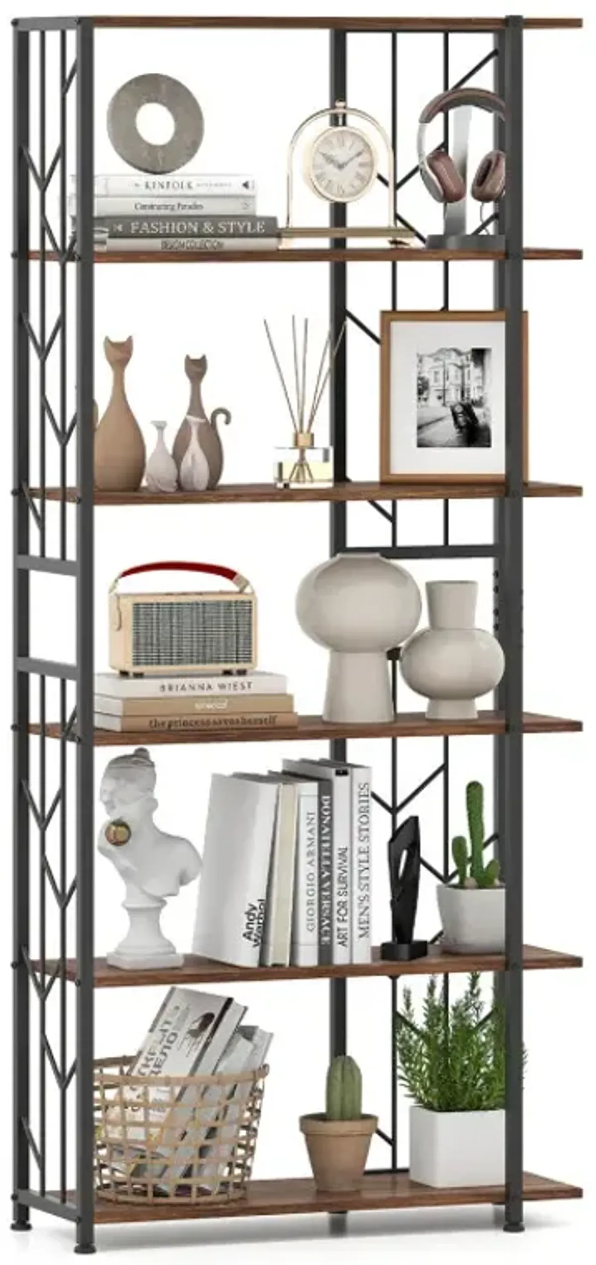 6-Tier Bookshelf Modern Geometric Bookcase with Heavy-duty Metal Frame and Anti-tipping Kits