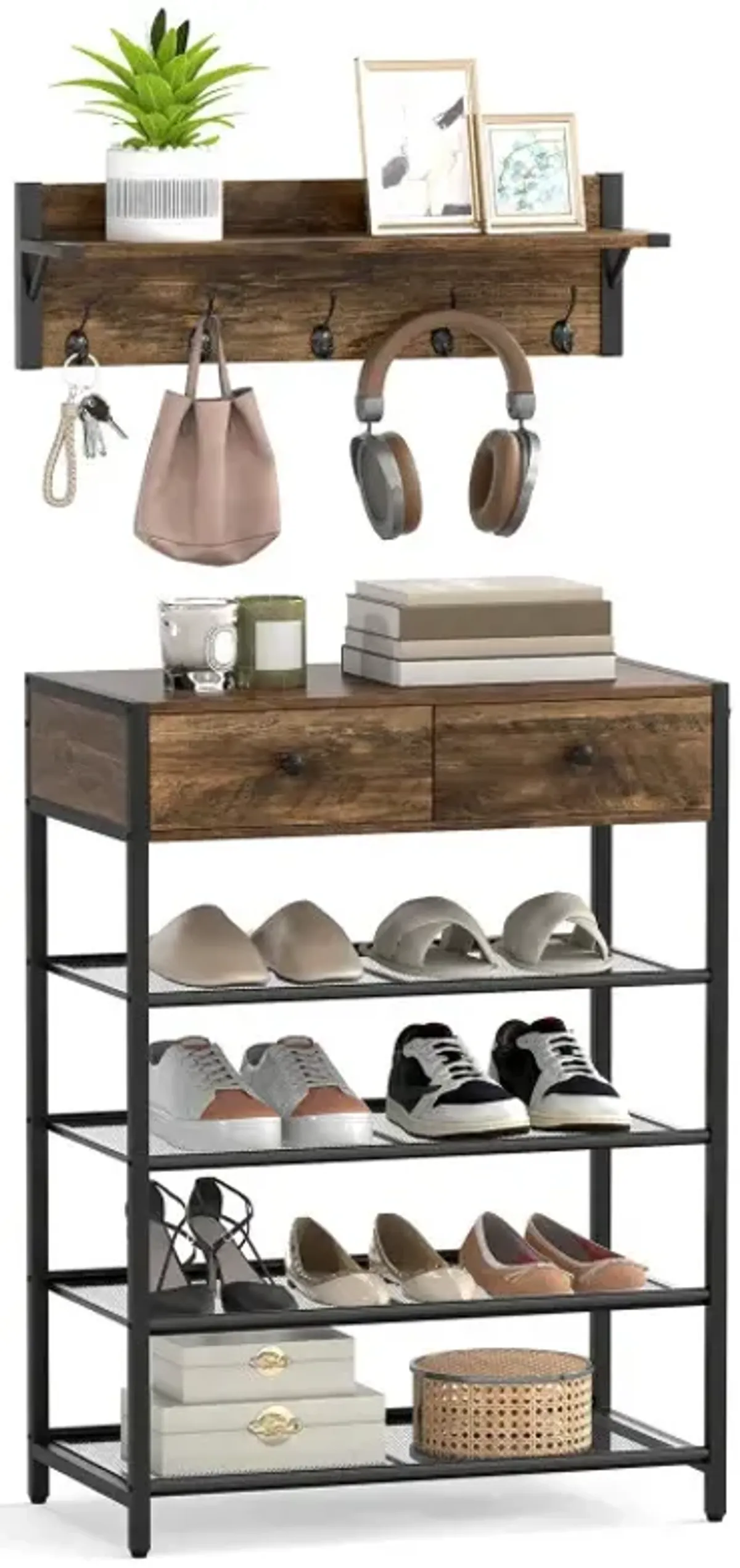 Coat Rack Shoe Stand Set 5-Tier Shoe Rack with Wall-Mounted Coat Hanger