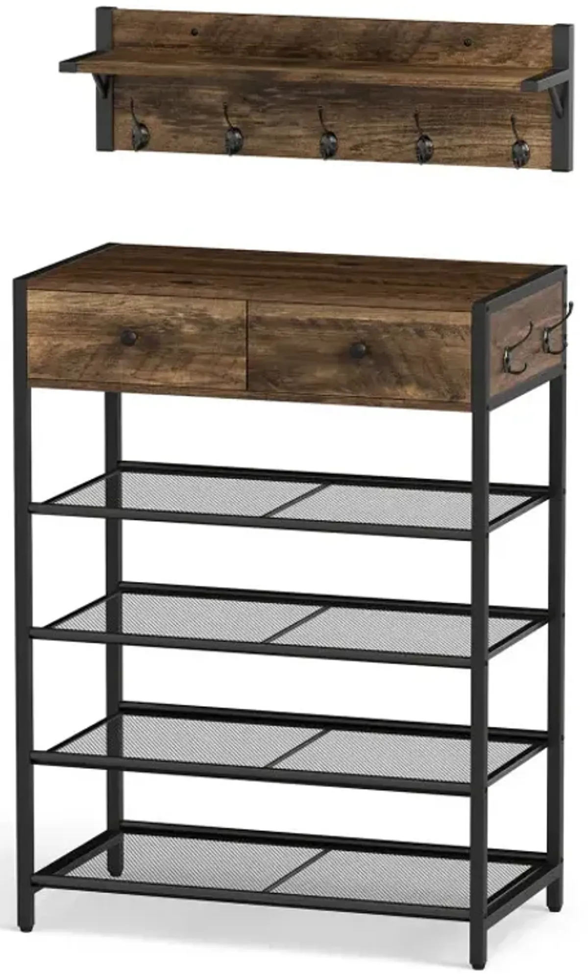 Coat Rack Shoe Stand Set 5-Tier Shoe Rack with Wall-Mounted Coat Hanger