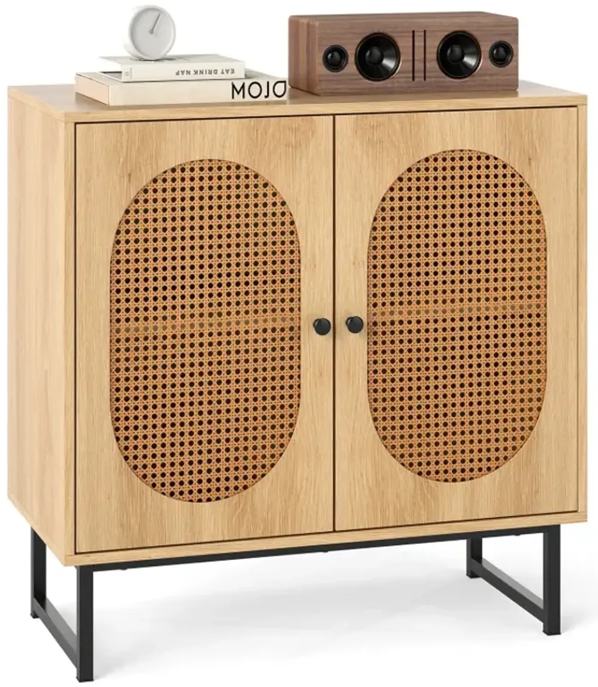 Buffet Cabinet Rattan Storage Cabinet with 2 Doors and Adjustable Shelf