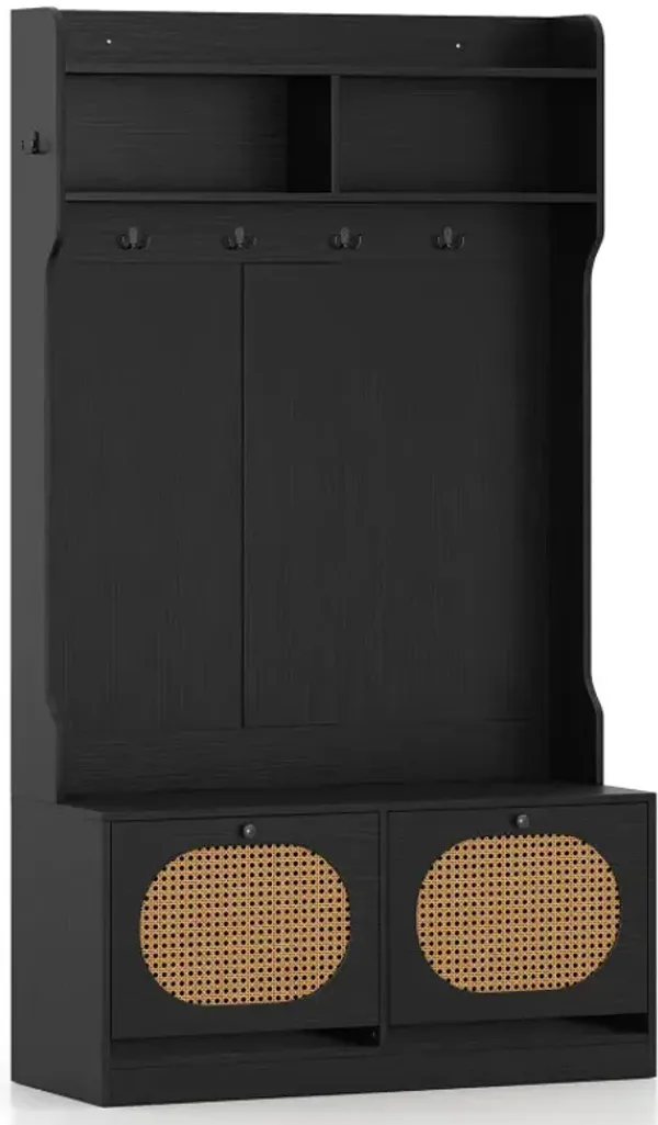 4-In-1 Hall Tree with Coat Rack and Flip Drawers for Entryway Mudroom