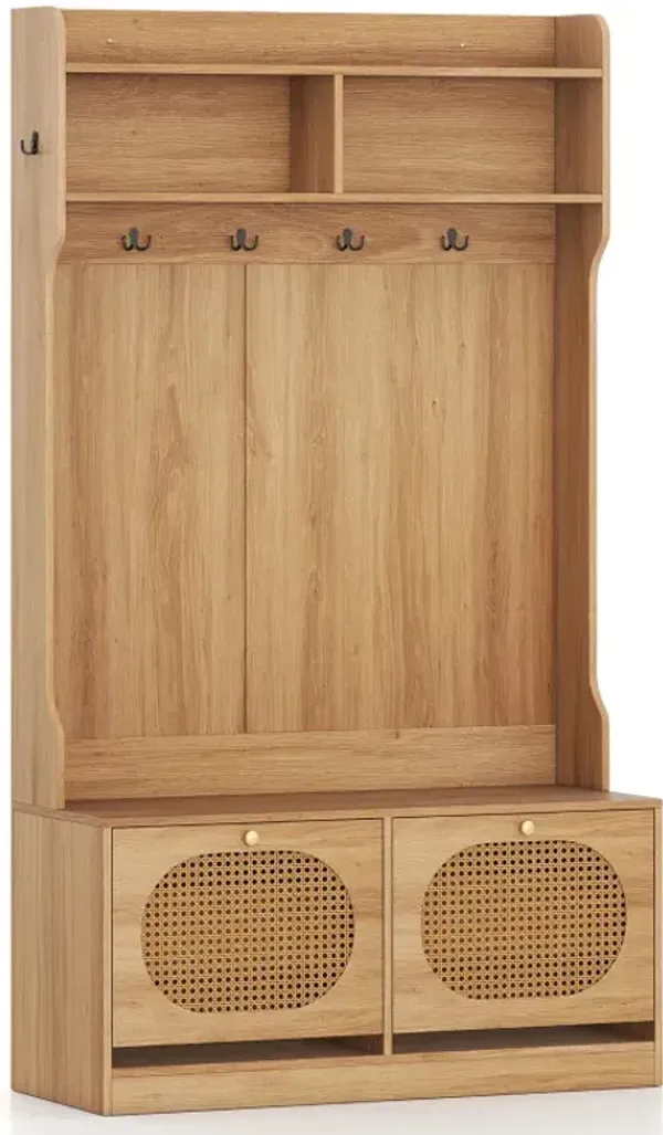 4-In-1 Hall Tree with Coat Rack and Flip Drawers for Entryway Mudroom