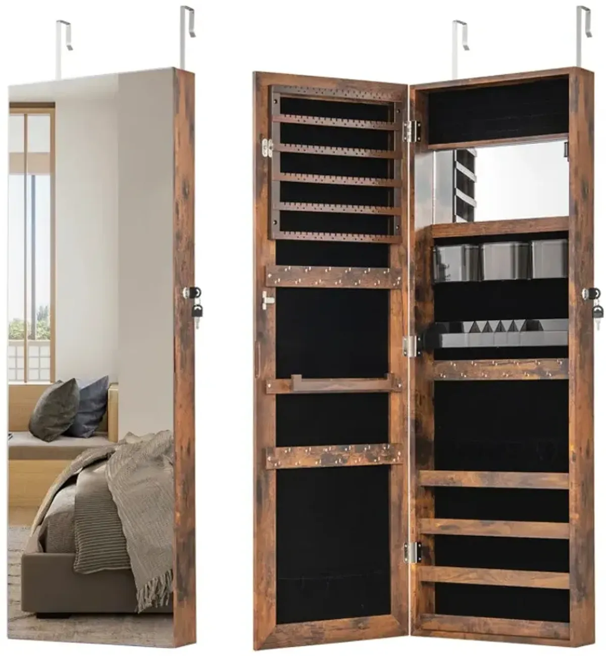 43.5 Inch Jewelry Mirror Cabinet with Full-length Mirror and Adjustable Hangers