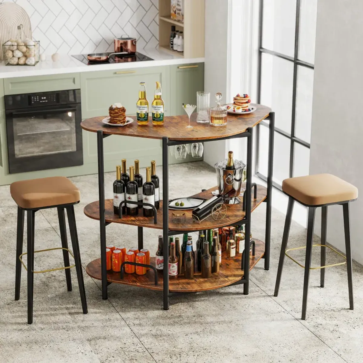 3-Tier Liquor Bar Table with Stemware Racks and Storage Shelves