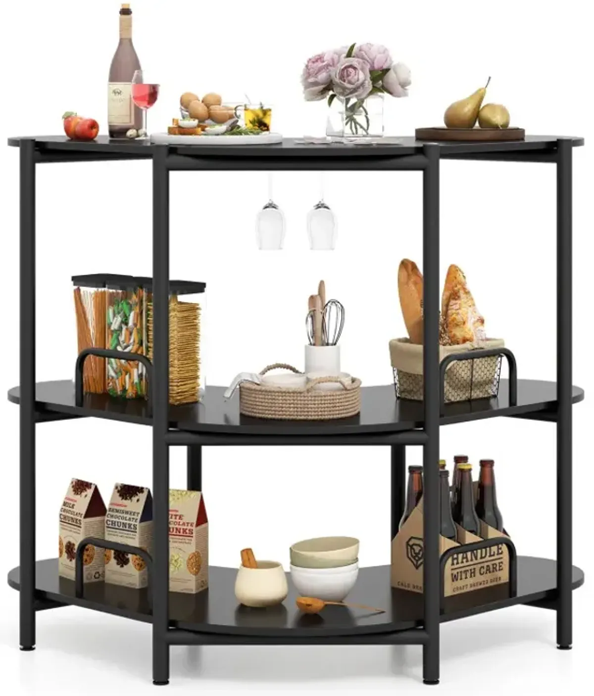 3-Tier Liquor Bar Table with Stemware Racks and Storage Shelves