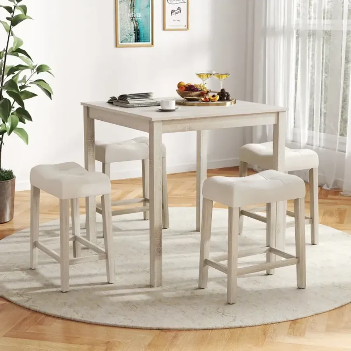 5 Pieces Bar Table Set with Square Table and 4 Padded Stools