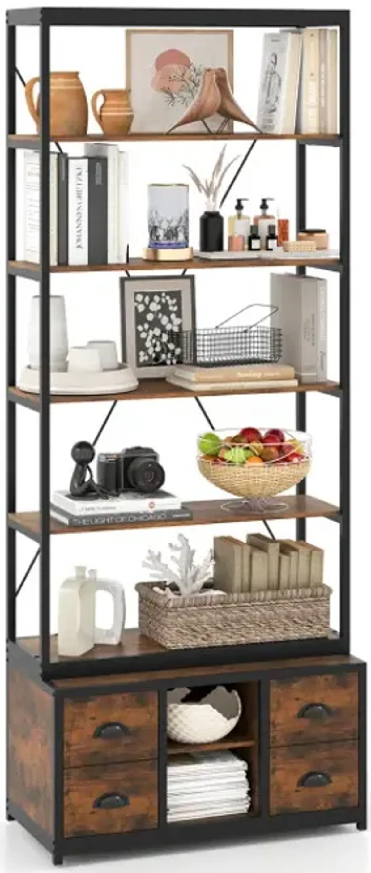 8-tier Bookshelf with 4 Fabric Drawers  and Heavy-duty Metal Frame